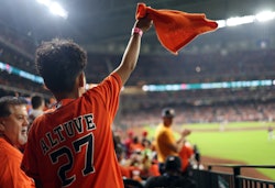 HOUSTON, TX - OCTOBER 29: Houston Astros fans cheer during Game 2 of the 2022 World Series between t...
