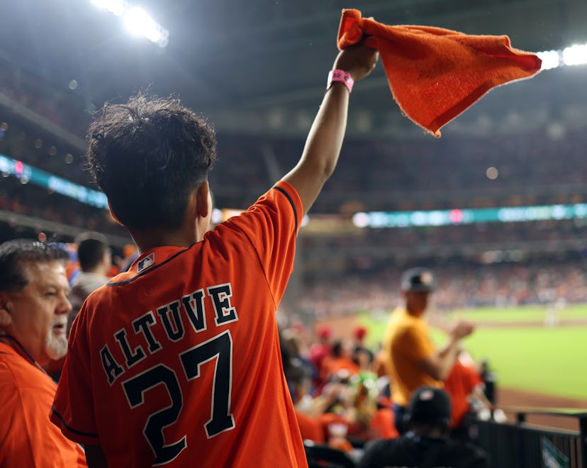 HOUSTON, TX - OCTOBER 29: Houston Astros fans cheer during Game 2 of the 2022 World Series between t...