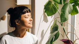 a woman stands at a window surrounded by plants as she sips her coffee and considers the spiritual m...