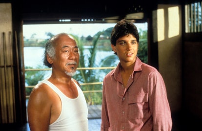 Pat Morita and Ralph Macchio in a scene from the film 'The Karate Kid', 1984. (Photo by Columbia Pic...