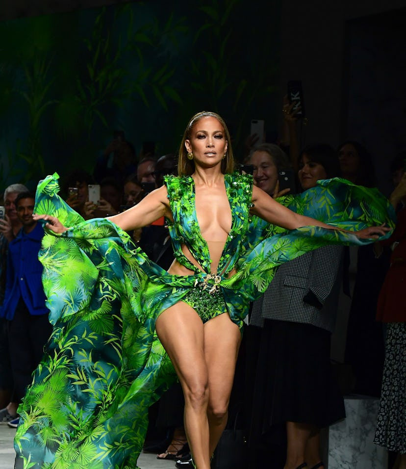 Jennifer Lopez wears one of J.Lo's most memorable red carpet looks reimagined for the Versace runway