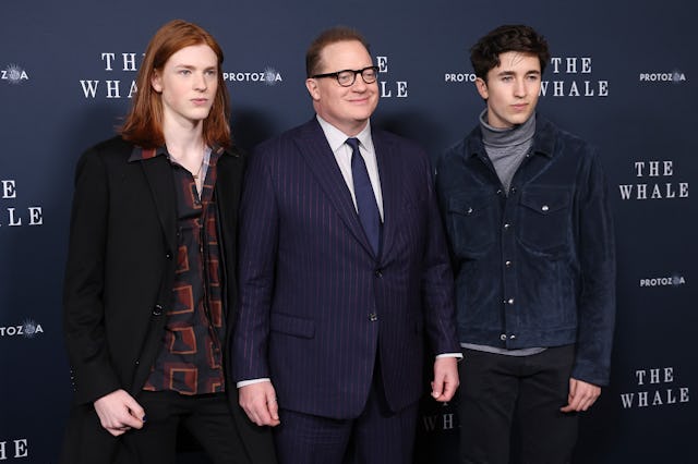 Leland Fraser, Brendan Fraser, and Holden Fraser attend a New York screening of "The Whale."