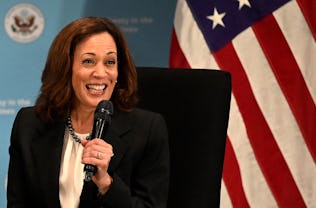 US Vice-President Kamala Harris speaks during the town hall meeting about the empowerment of women a...