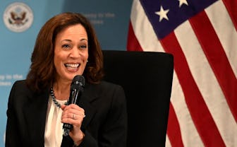 US Vice-President Kamala Harris speaks during the town hall meeting about the empowerment of women a...