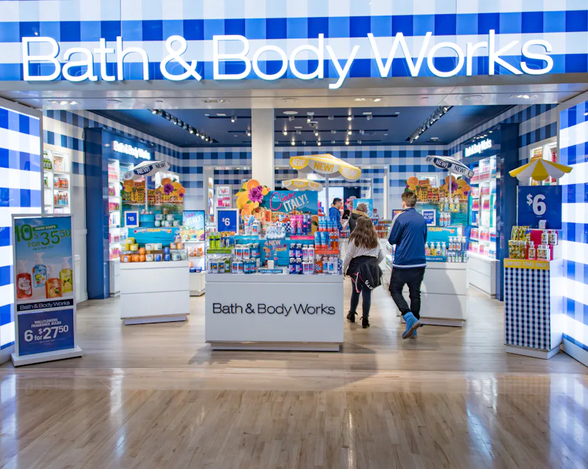 Bath & Body Works store entrance in mall. The chain is currently running its Bath & Body Works Candl...