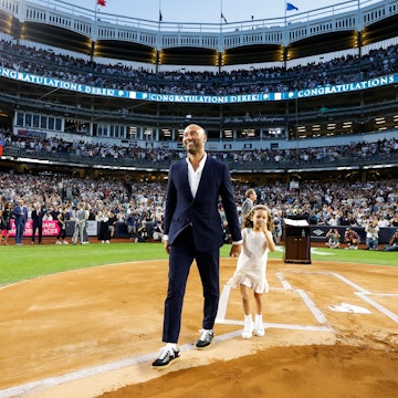 NEW YORK, NY - SEPTEMBER 9: The New York Yankees honor Derek Jeter prior to the game between the Tam...