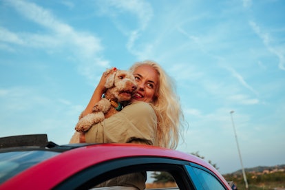 A senior Caucasian woman is standing out her cars sunroof with her dog in her arms. She is lovingly ...