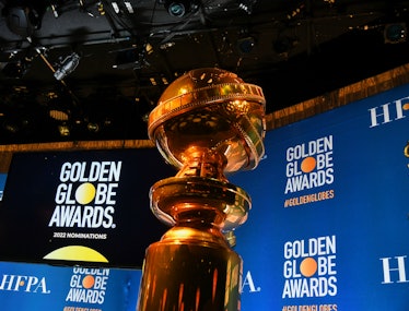 A view of the Golden Globe statue on stage before HFPA President Helen Hoehne announces the nominati...