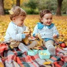 可爱的同卵双胞胎宝宝坐在黄叶环绕的毯子上