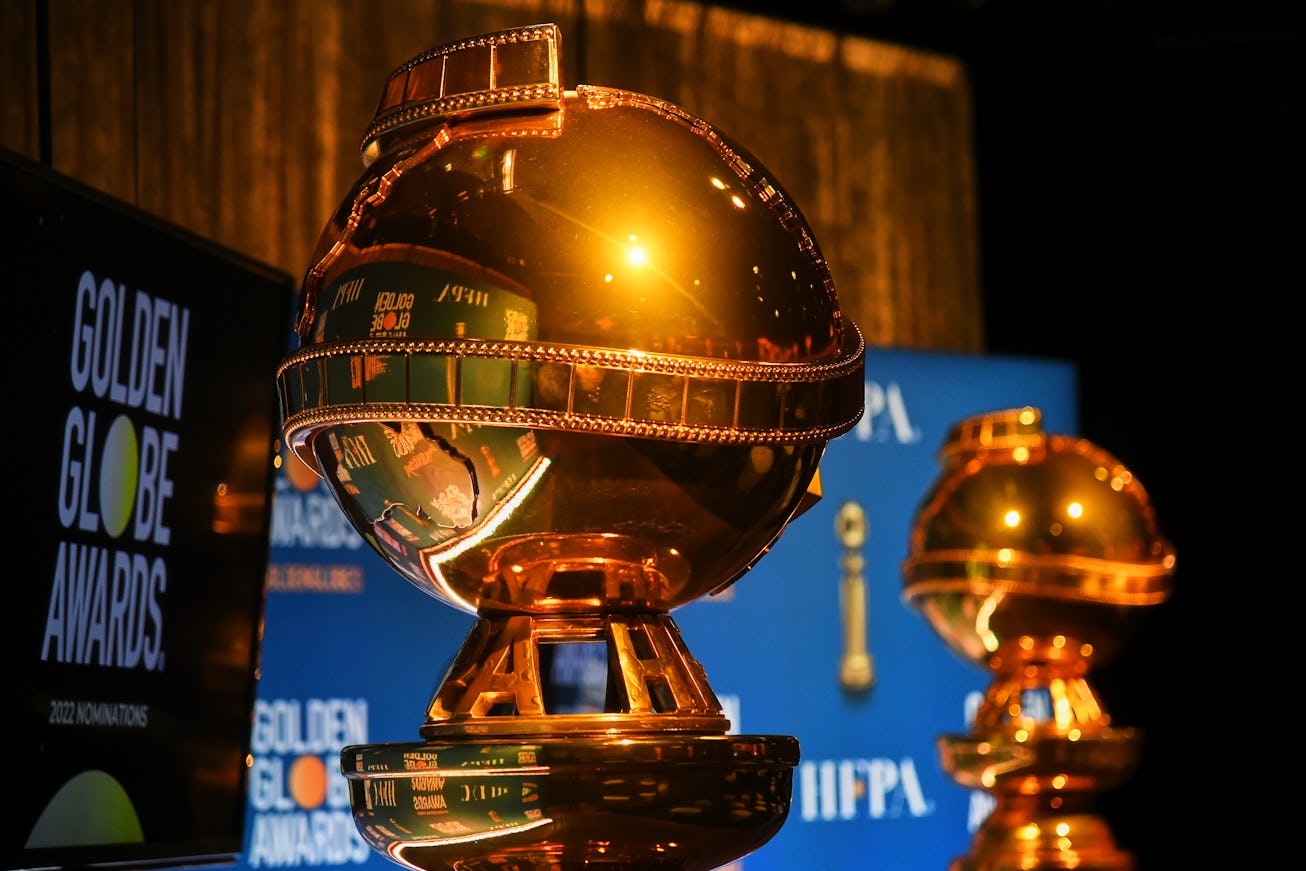 A view of the Golden Globe statue on stage before HFPA President Helen Hoehne announces the nominati...