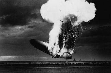 American history photograph shows the explosion of the airship Hindenburg upon docking at Lakehurst,...