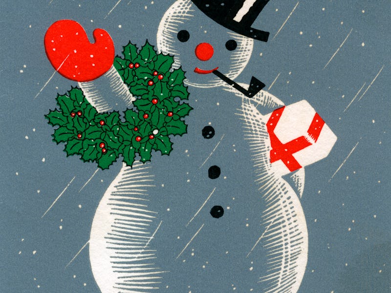 Vintage illustration of a Christmas snowman in a tophat, woodcut print, 1940s-1950s. (Illustration b...