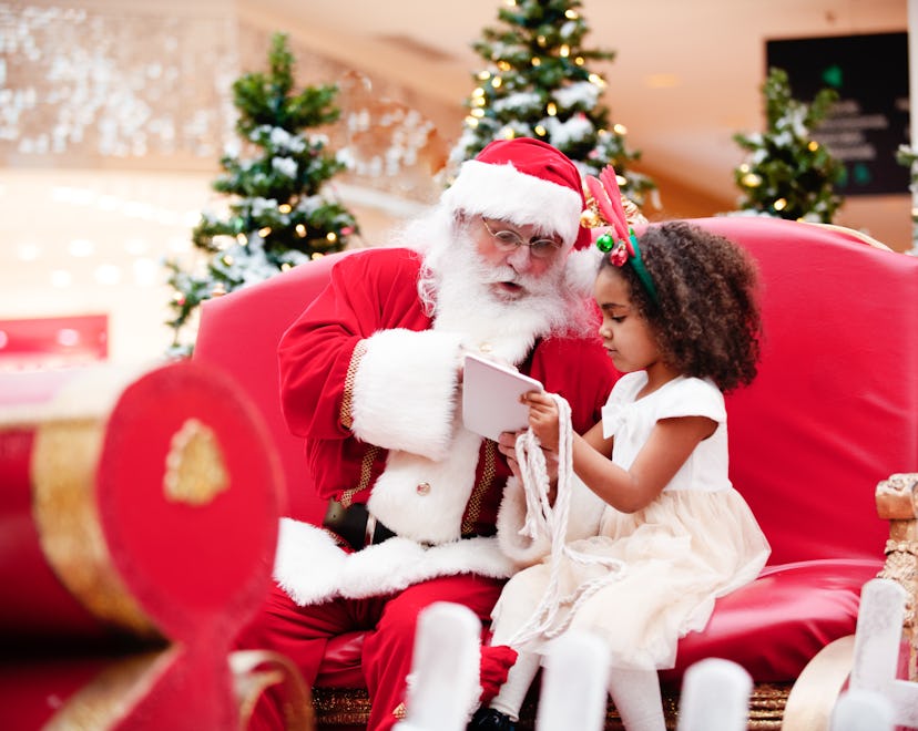 Little girl sits with Santa in his sleigh at shopping mall, in story about Santa captions.