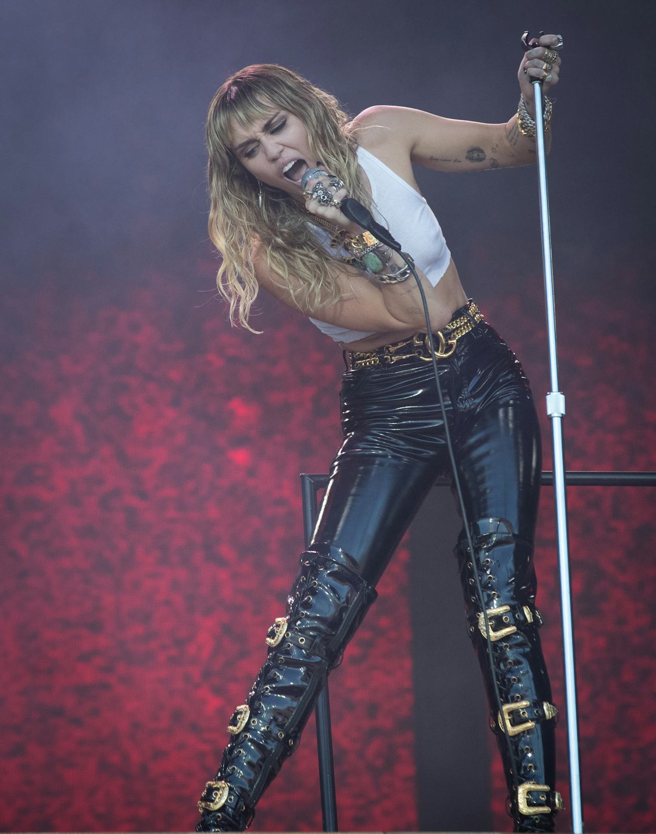 GLASTONBURY, ENGLAND - JUNE 30: Miley Ray Cyrus performs live on the Pyramid stage during the 2019 G...