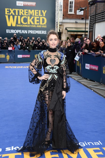 Lily Collins  attends the European premiere of the SKY CINEMA original "Extremely Wicked, Shockingly...