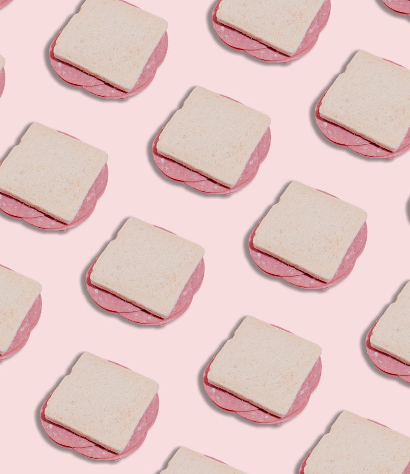 Pattern of a Bologna sandwich on pink background for article on why you can't eat deli meat during p...