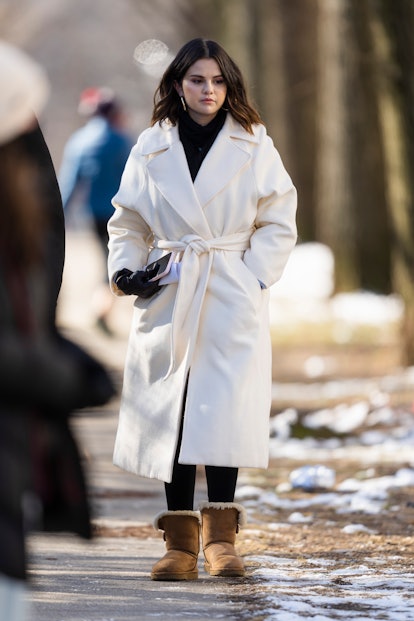 NEW YORK, NEW YORK - FEBRUARY 14: Selena Gomez is seen filming "Only Murders in the Building" in the...