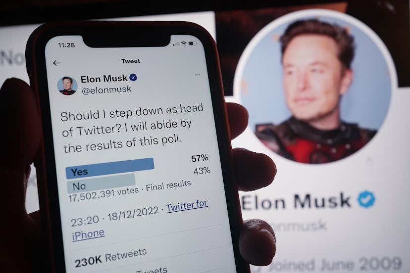 General view of twitter poll result, displayed on a mobile phone in London. Elon Musk looks set to s...
