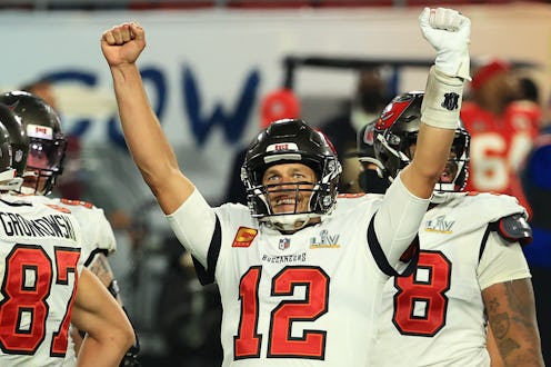 TAMPA, FLORIDA - FEBRUARY 07: Tom Brady #12 of the Tampa Bay Buccaneers reacts after defeating the K...