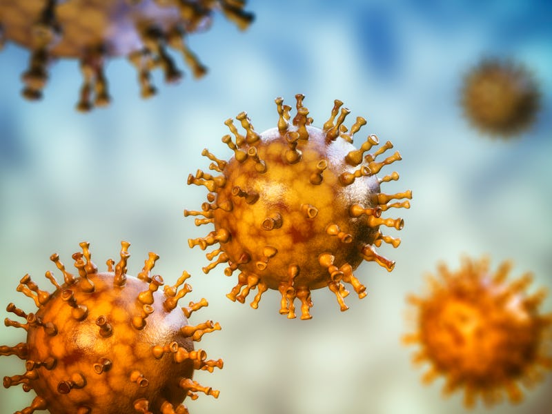 Computer illustration of a varicella zoster virus particle, the cause of chickenpox and shingles. Va...