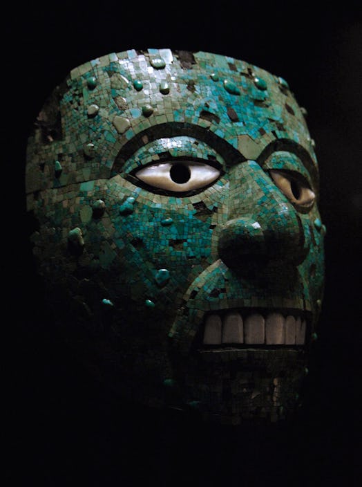 Pre-Columbian era. Mesoamerica. Mask. Human face, possible representing Xiuhtecuhtli, made of cedro ...