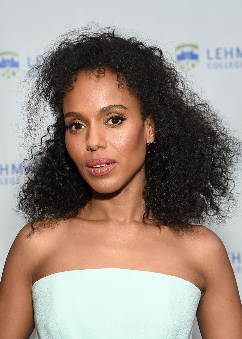 Kerry Washington natural curls with bangs and white gown at the Lehman College 50th Anniversary Cele...
