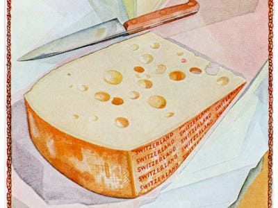 Vintage illustration of a wedge of swiss cheese on a cutting board, with the word 'Switzerland' prin...