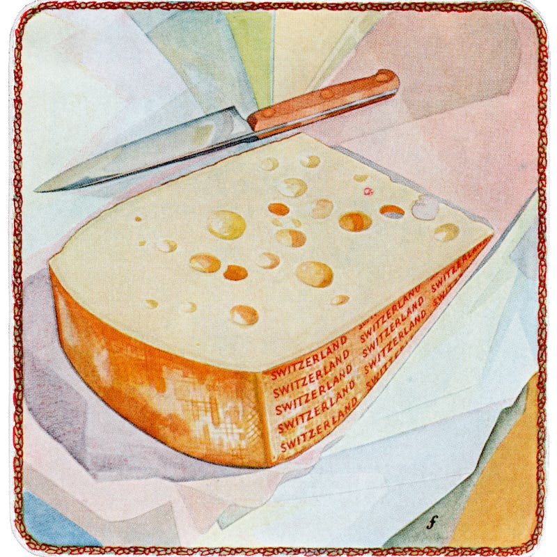 Vintage illustration of a wedge of swiss cheese on a cutting board, with the word 'Switzerland' prin...