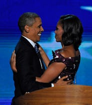 (Charlotte, NC) President Barack Obama hugs First Lady Michelle prior to accepting his party's nomin...