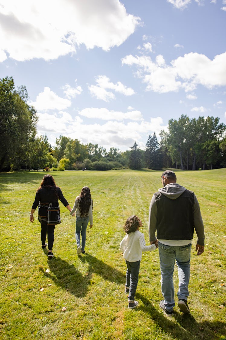 Family holding hands and walking in sunny park grass