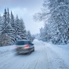 在一个遥远的大雪纷飞的冬天，开车穿过松林