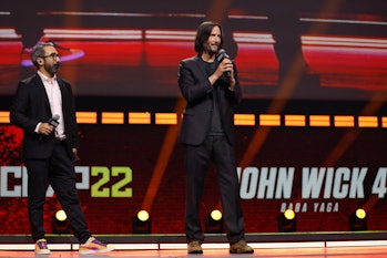 SAO PAULO, BRAZIL - DECEMBER 03: Keanu Reeves speaks during a panel of "John Wick 4" at the Thunder ...
