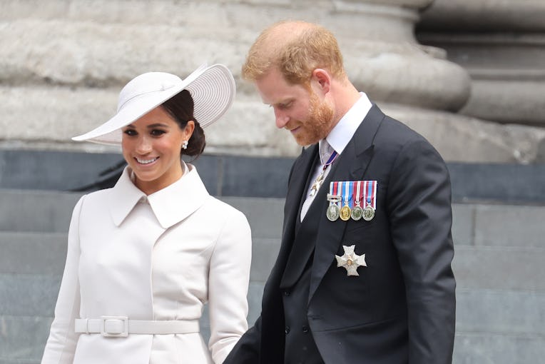 LONDON, ENGLAND - JUNE 03: Meghan, Duchess of Sussex and Prince Harry, Duke of Sussex departing St. ...
