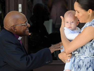 Britain's Duchess of Sussex Meghan hold her baby son Archie as she and the Duke meet with Archbishop...