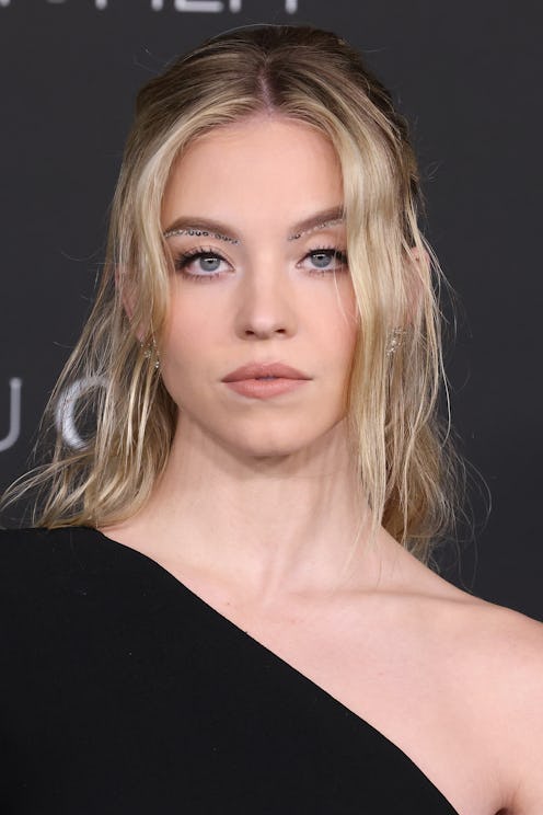 Sydney Sweeney with a messy updo, soft no-makeup makeup, and bedazzled eyebrows. 