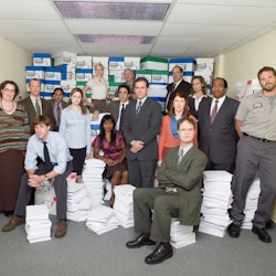 THE OFFICE -- Season 3 -- Pictured: (l-r) Standing: Phyllis Smith as Phyllis Lapin, Paul Lieberstein...