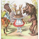 Alice holding a plum cake with The Lion and the Unicorn from Through the Looking-Glass, and What Ali...