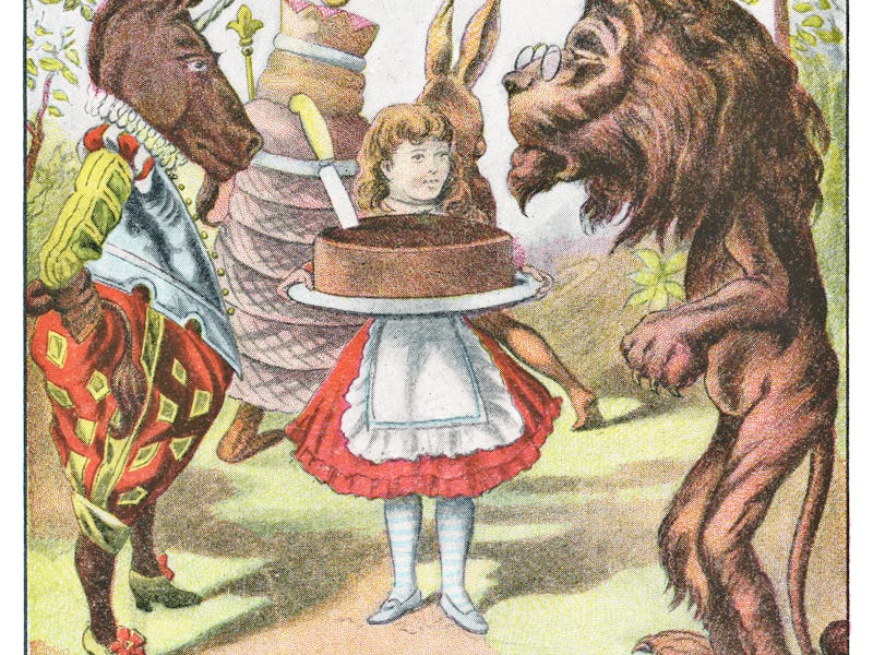 Alice holding a plum cake with The Lion and the Unicorn from Through the Looking-Glass, and What Ali...