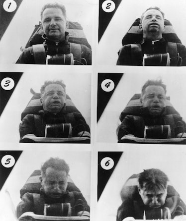 June 1954:  These six photos show Colonel John Stapp (1901 - 1999) enduring the effects of accelerat...