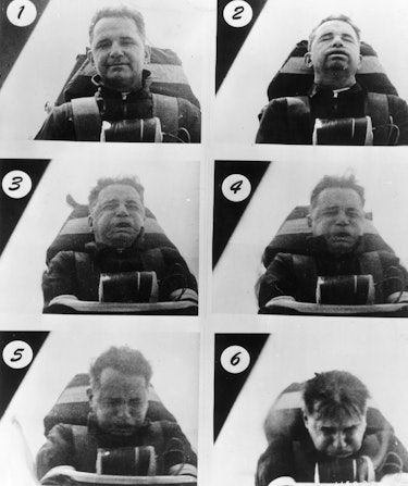 June 1954:  These six photos show Colonel John Stapp (1901 - 1999) enduring the effects of accelerat...