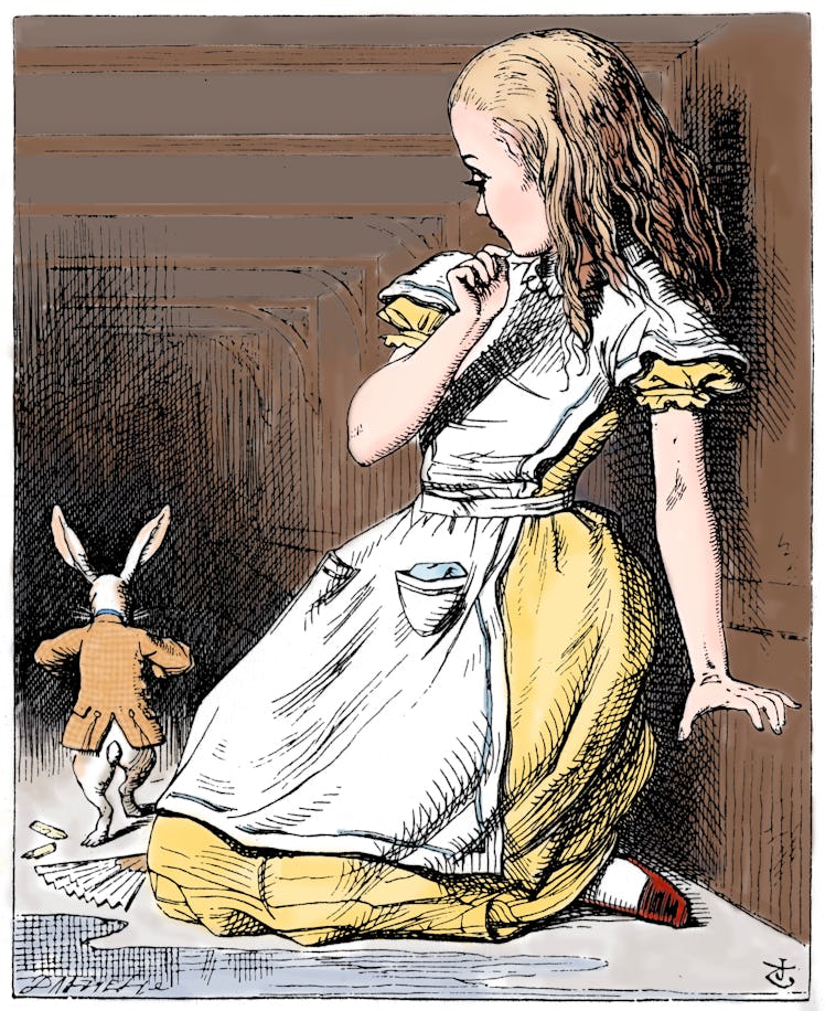 Scene from Alice's Adventures in Wonderland by Lewis Carroll, 1865. Alice, having eaten the piece of...