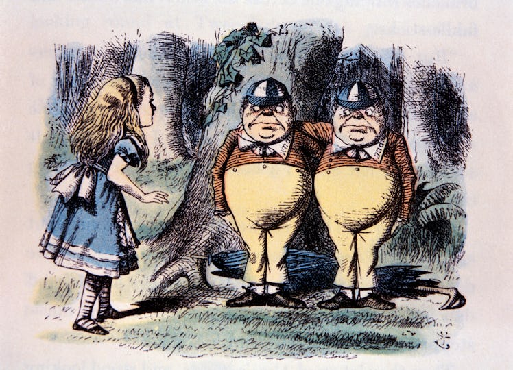 Tweedle Dum And Tweedle Dee, Through the Looking Glass by Lewis Carroll, Hand-Colored Illustration b...