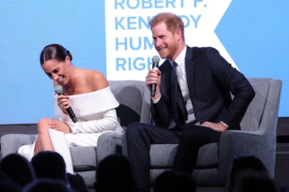Meghan, Duchess of Sussex and Prince Harry, Duke of Sussex speak onstage at the 2022 Robert F. Kenne...