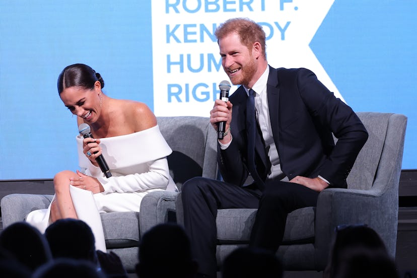 Meghan, Duchess of Sussex and Prince Harry, Duke of Sussex speak onstage at the 2022 Robert F. Kenne...