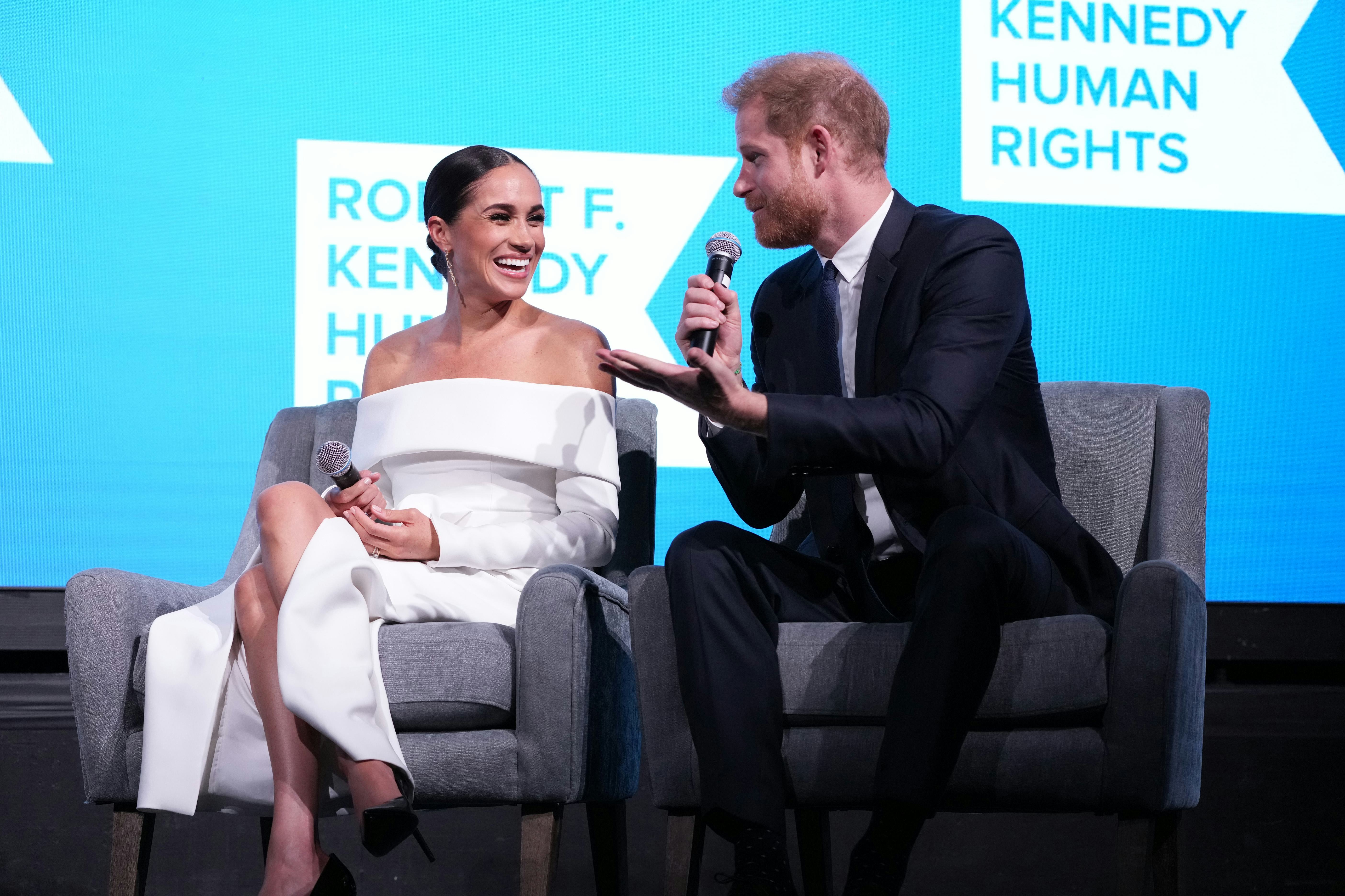 NEW YORK, NEW YORK - DECEMBER 06: Meghan, Duchess of Sussex and Prince Harry, Duke of Sussex speak o&hellip;