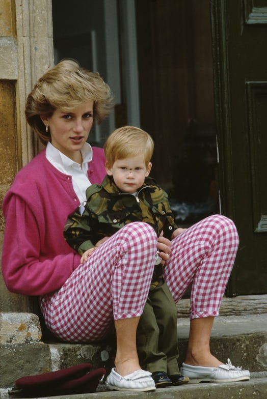 Princess Diana sits on a step with Prince Harry on her lap at Highgrove Estate