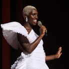 Jodie Turner-Smith speaks on stage during The Fashion Awards 2022 at the Royal Albert Hall on Decemb...