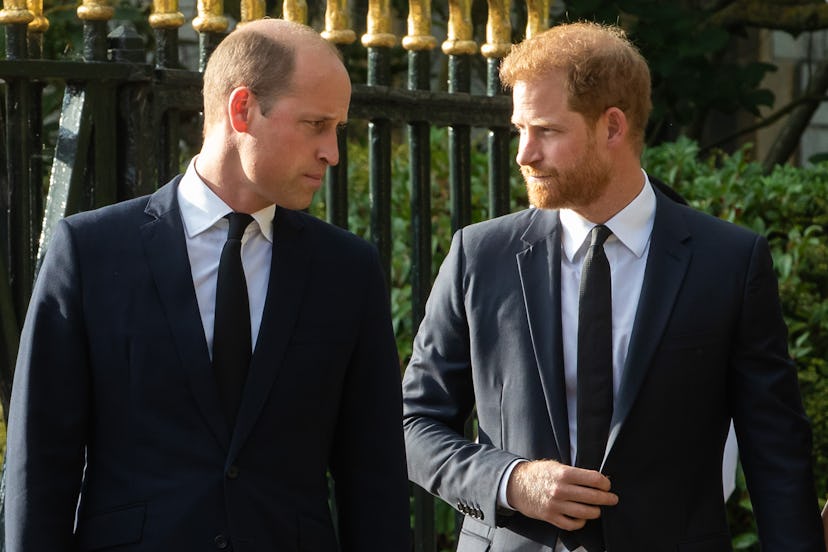 Prince William, the new Prince of Wales, and Prince Harry, the Duke of Sussex, arrive to view floral...