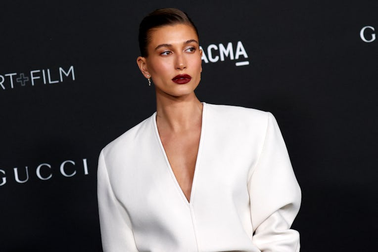 US model Hailey Bieber arrives for the 10th annual LACMA Art+Film gala at the Los Angeles County Mus...