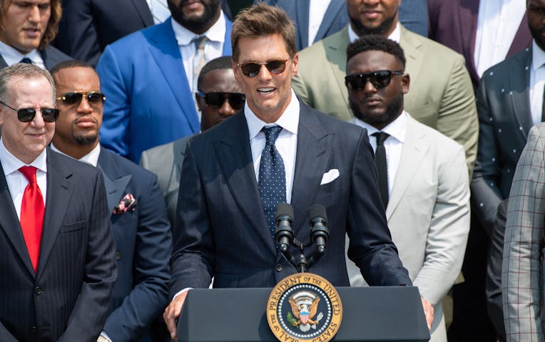 (FILES) In this file photo taken on July 20, 2021, Tampa Bay Buccaneers quarterback Tom Brady speaks...